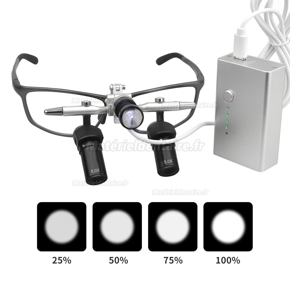 Loupes dentaires ergonomiques 5.0X avec r&eacute;glage de l'&eacute;cart pupillaire + lampe frontale LED 5W